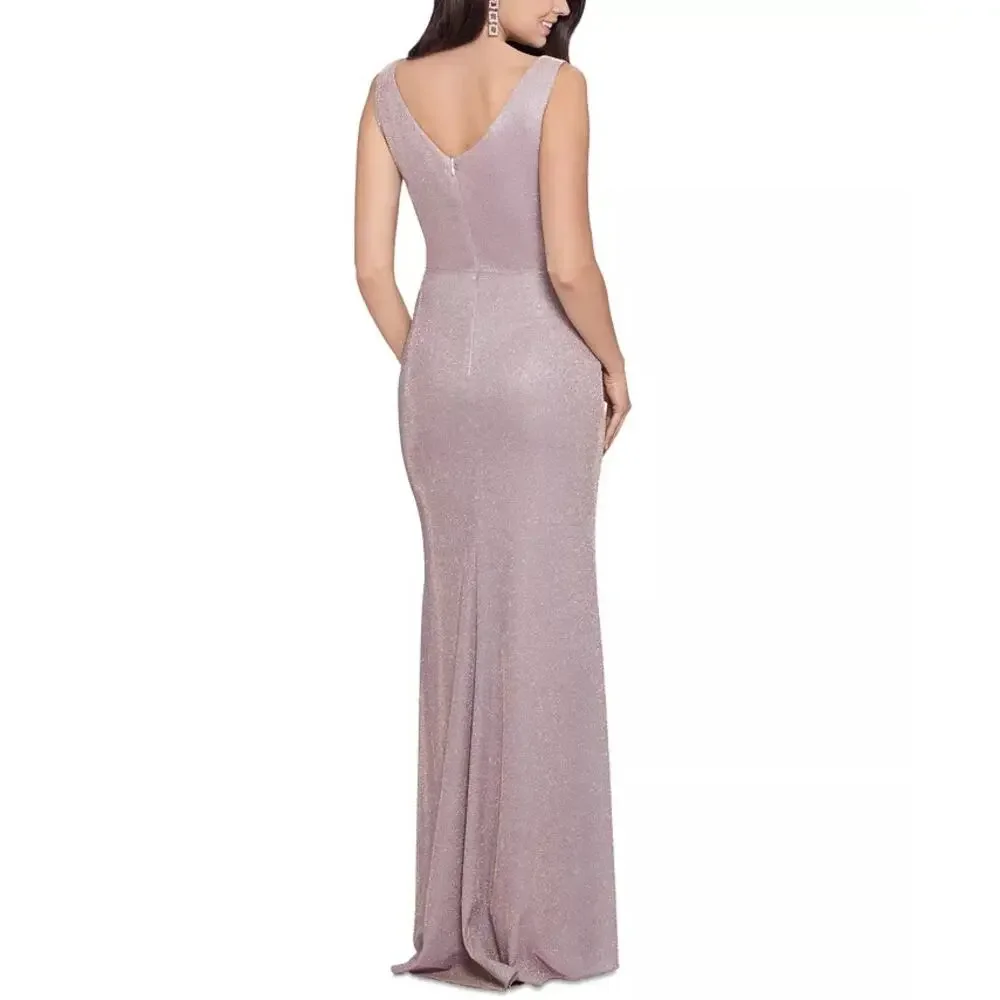 Betsy & Adam Petite Ruffled Shimmer Gown White pink Gold P12